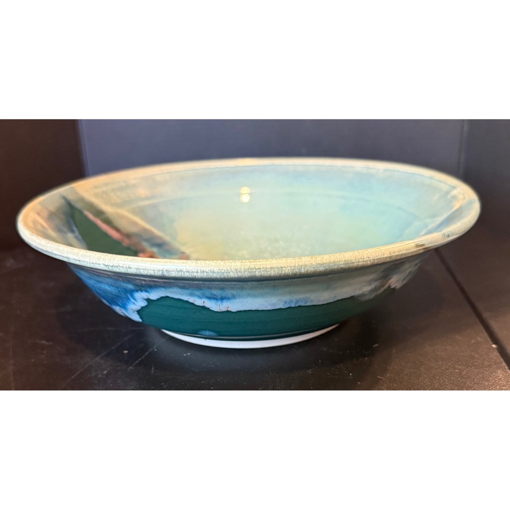 Alaska Studio Art Pottery Serving Bowl Teal Green Swirl Hand Painted Signed